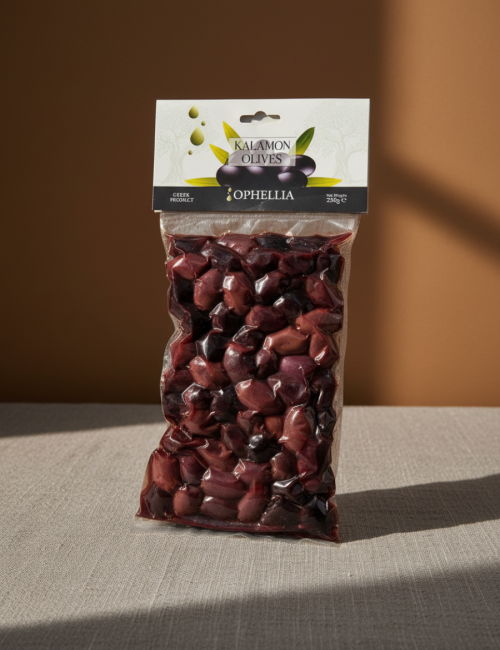 Оливки Каламата с травами Ophellia 250г, вакуумный пакет