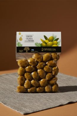 Оливки зеленые с травами Ophellia 250г, вакуумный пакет