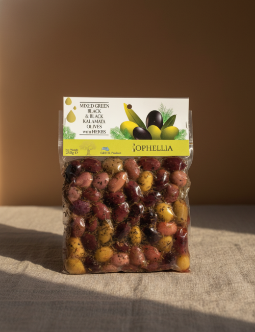 Ассорти из оливок с травами Ophellia 250г, вакуумный пакет