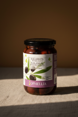 Оливки Каламата б/к в рассоле jumbo Ophellia, 370мл стеклянная банка, Греция