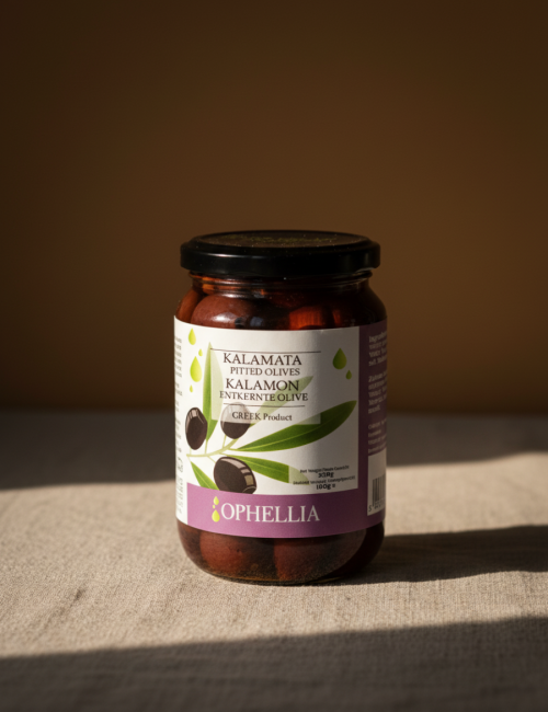 Оливки Каламата б/к в рассоле jumbo Ophellia, 370мл стеклянная банка, Греция