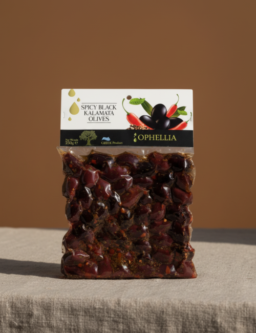 Оливки Каламата со специями Ophellia 250г, вакуумный пакет