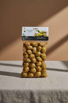Оливки зеленые со специями Ophellia 250г, вакуумный пакет