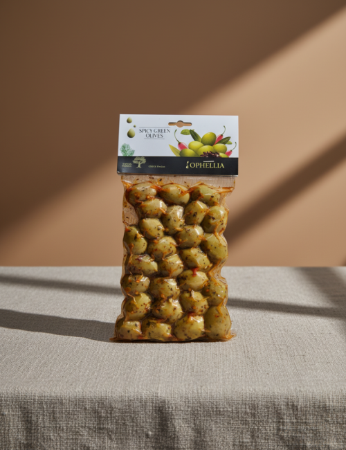 Оливки зеленые со специями Ophellia 250г, вакуумный пакет
