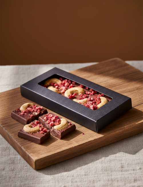 Молочный шоколад Гуси и шпинат Кешью-Клубника 